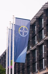 Warsaw, Poland - September 10, 2022: Beautiful modern Bayer logos on flags