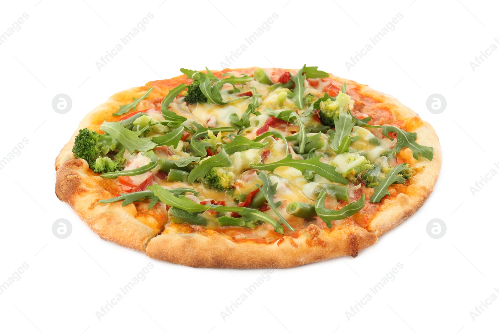 Photo of Delicious vegetarian pizza with arugula isolated on white