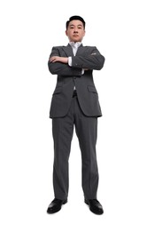 Businessman in suit posing on white background, low angle view