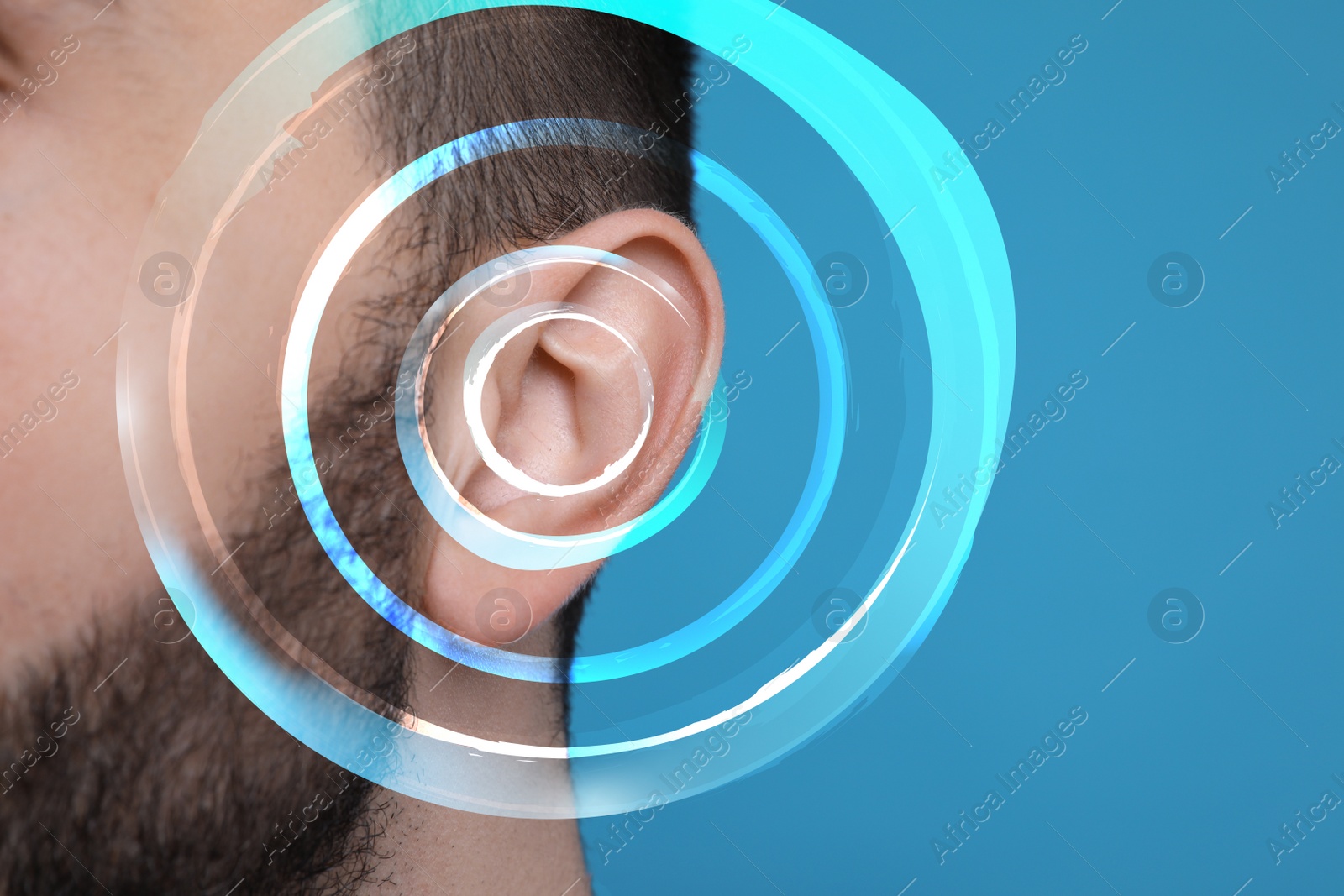 Image of Hearing loss concept. Man and sound waves illustration on light blue background, closeup