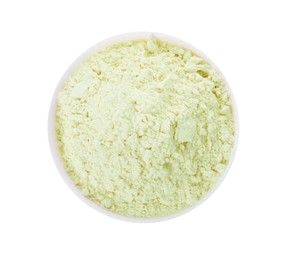 Photo of Bowl of mung bean flour isolated on white, top view