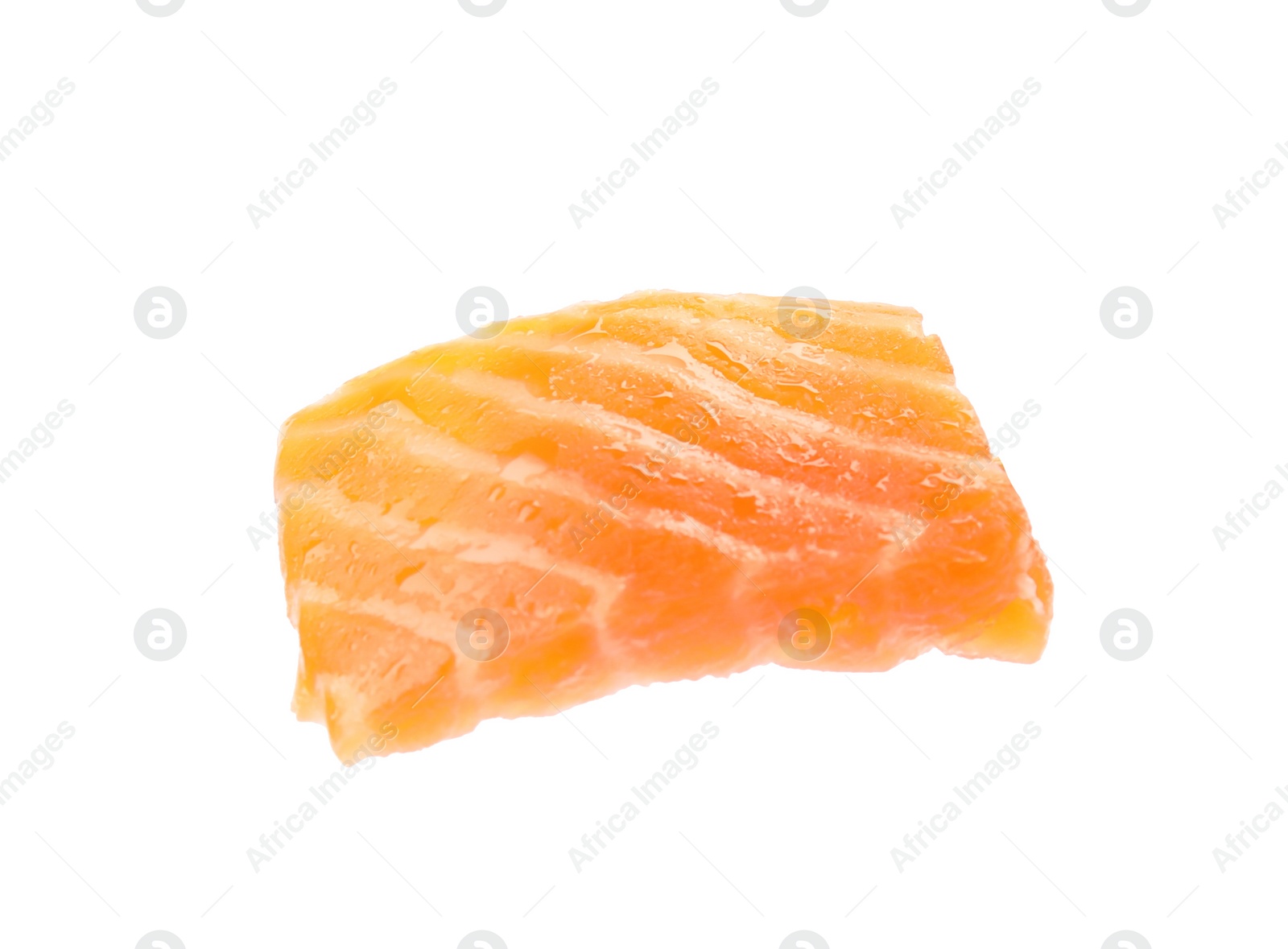 Photo of Piece of fresh red salmon on white background