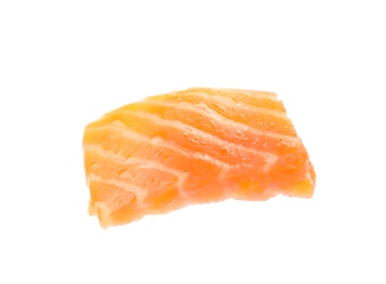 Photo of Piece of fresh red salmon on white background