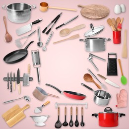 Frame of different kitchenware on pale pink background, space for text