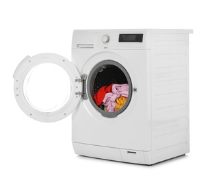 Modern washing machine with laundry on white background