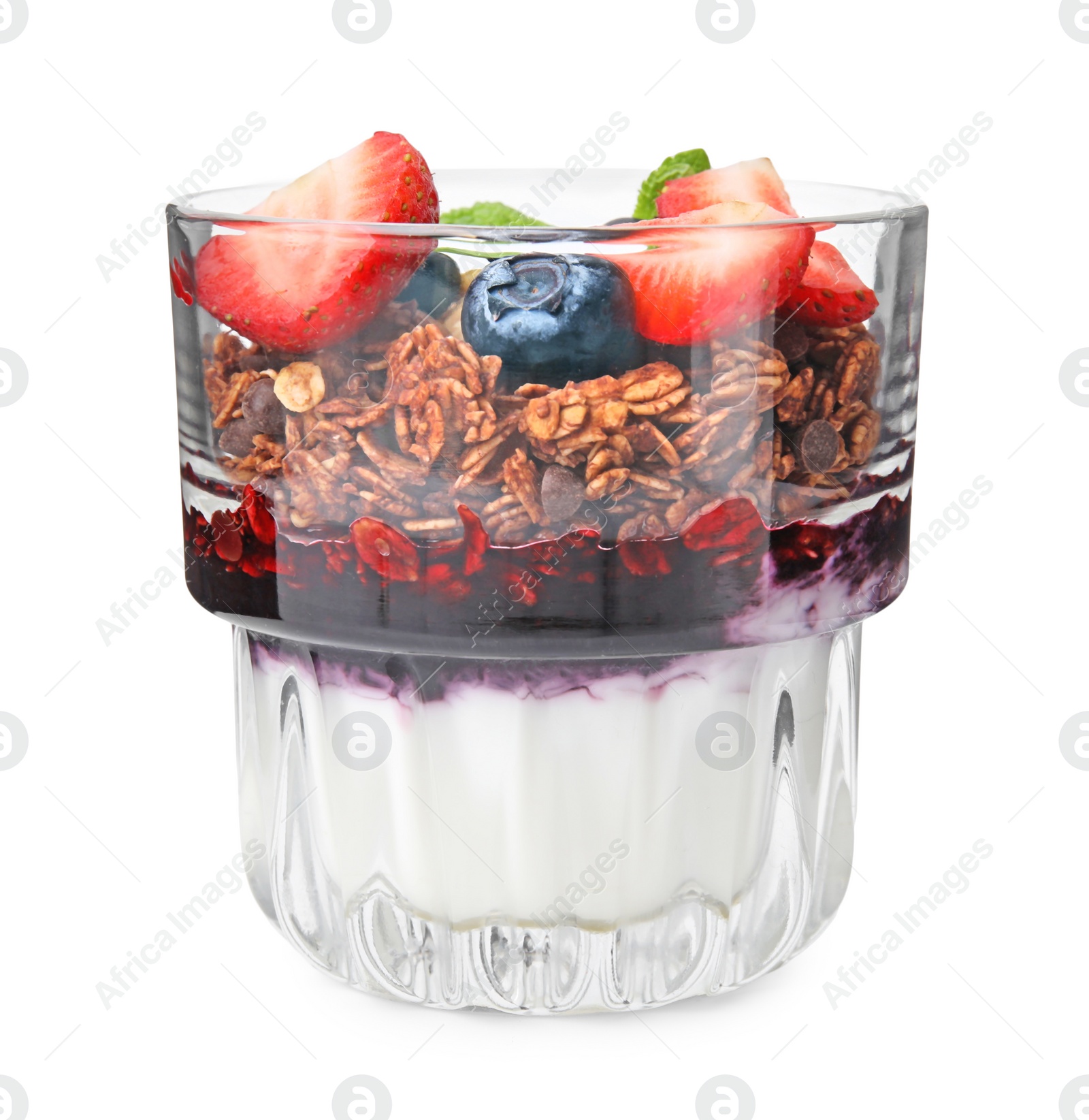 Photo of Tasty granola with berries, jam and yogurt in glass isolated on white