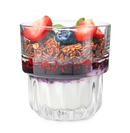 Tasty granola with berries, jam and yogurt in glass isolated on white