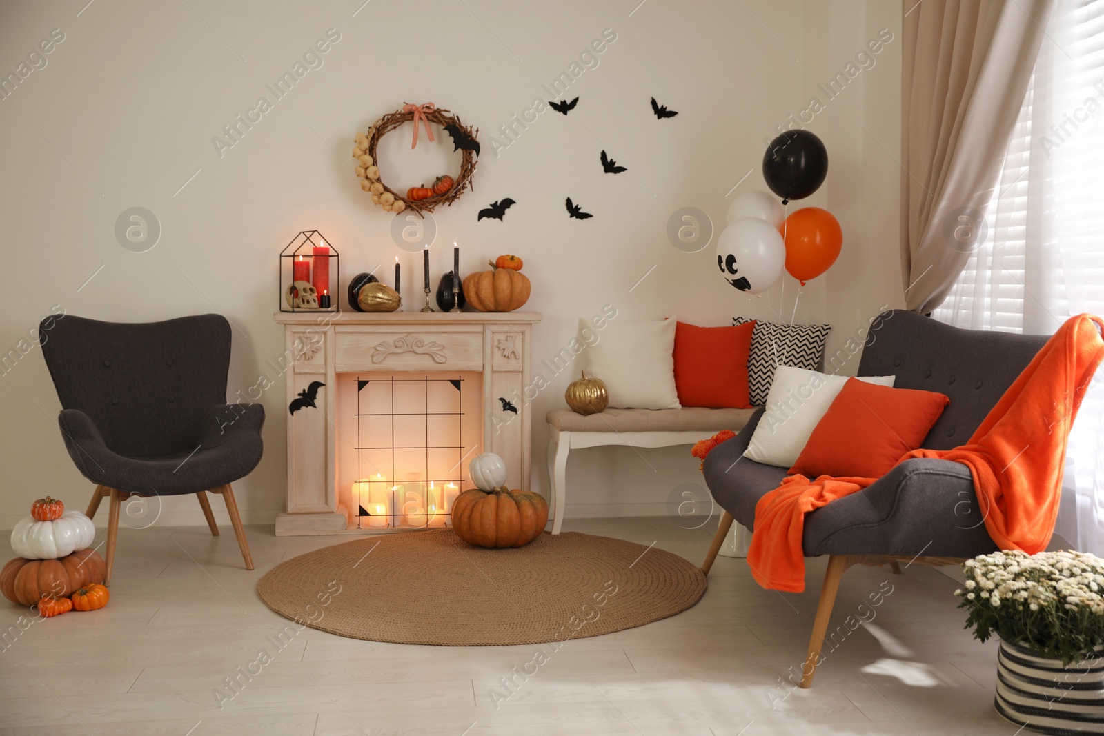 Photo of Modern room decorated for Halloween. Idea for festive interior