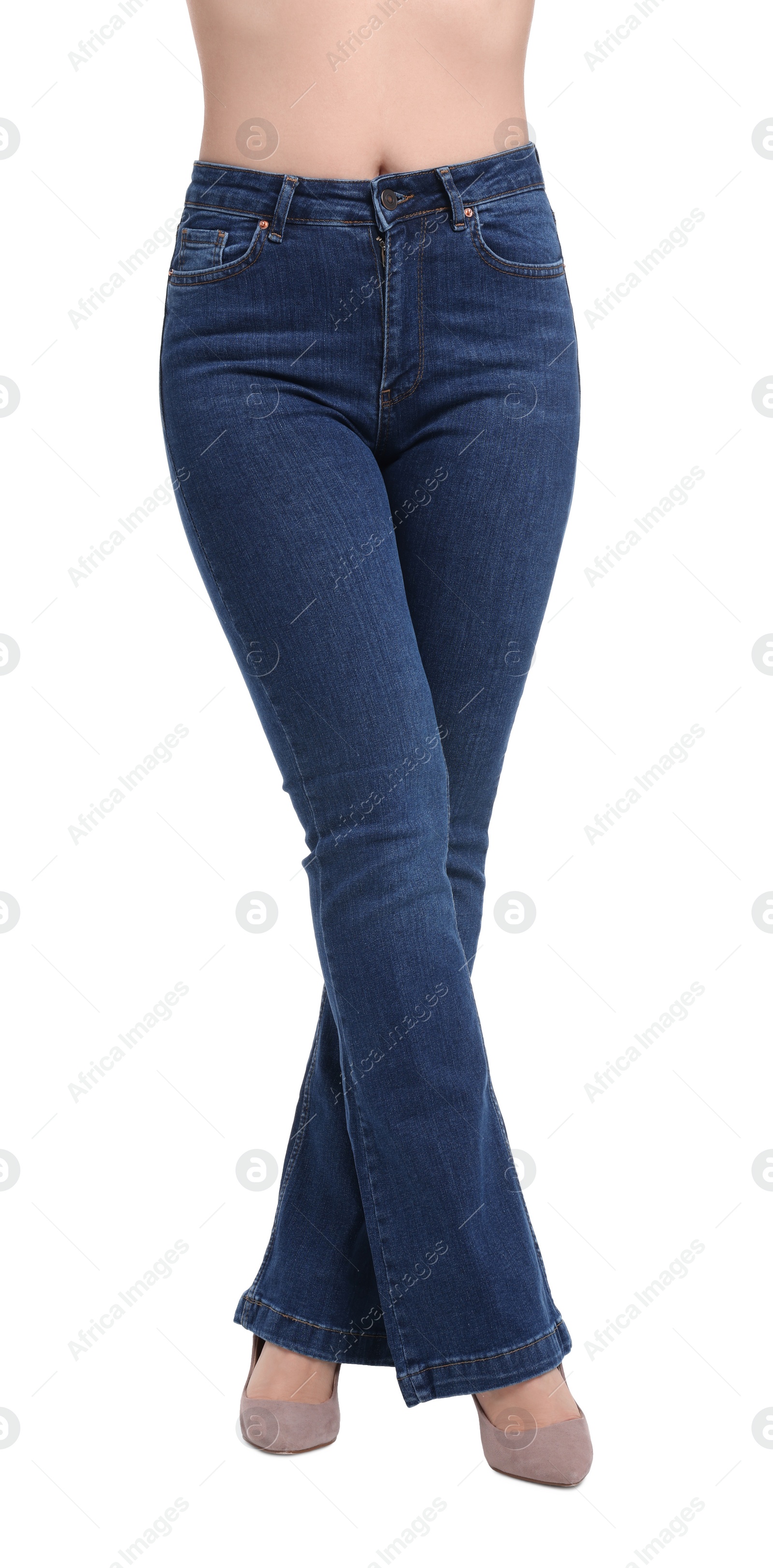 Photo of Woman in stylish jeans on white background, closeup