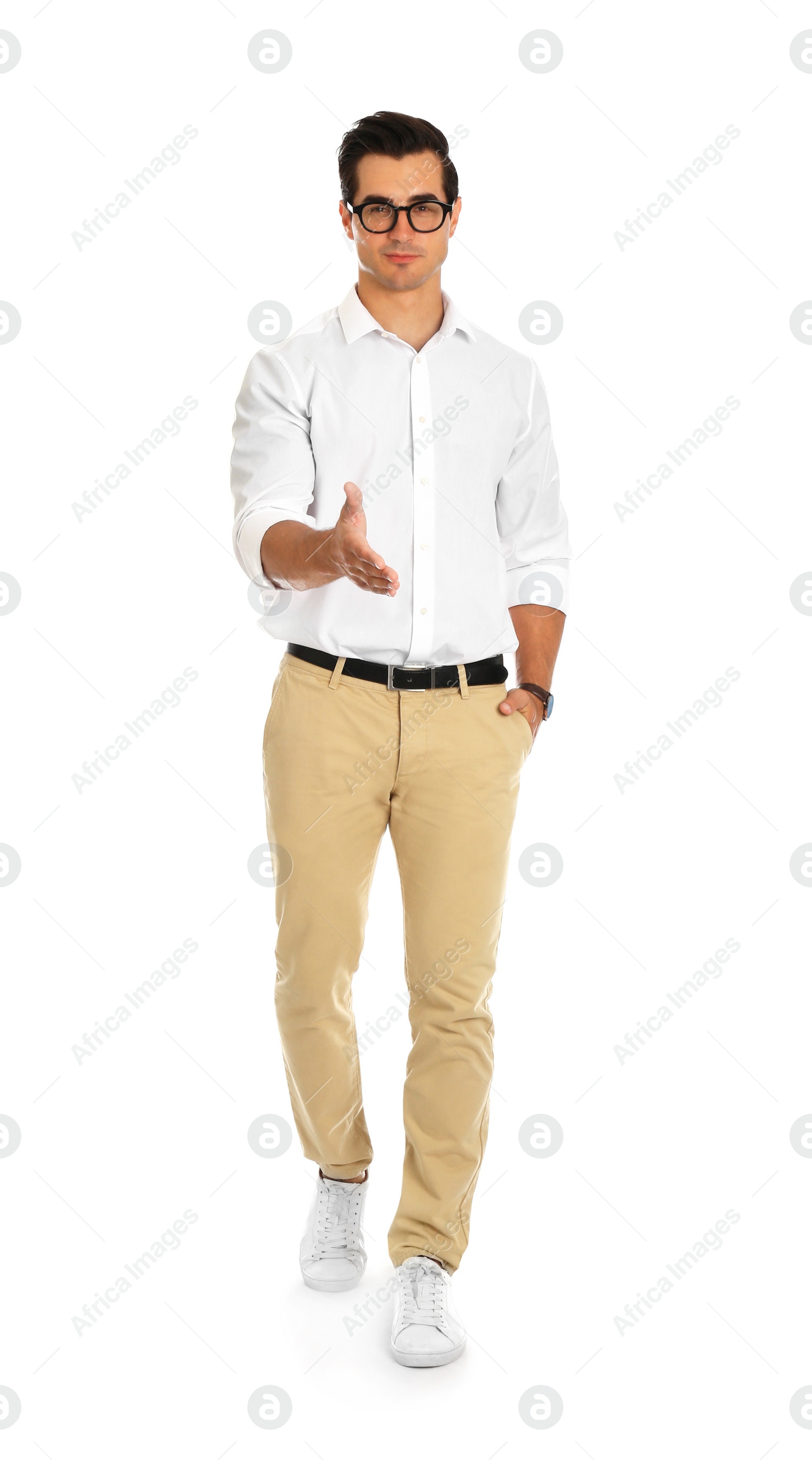 Photo of Professional business trainer offering handshake on white background