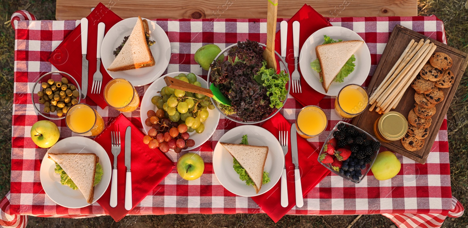 Image of Picnic table with snacks and drinks in park, top view. Banner design