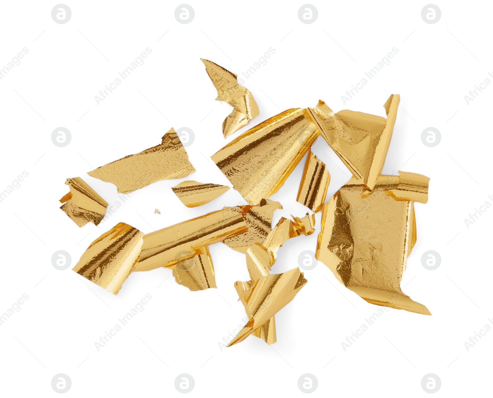 Photo of Many pieces of edible gold leaf on white background