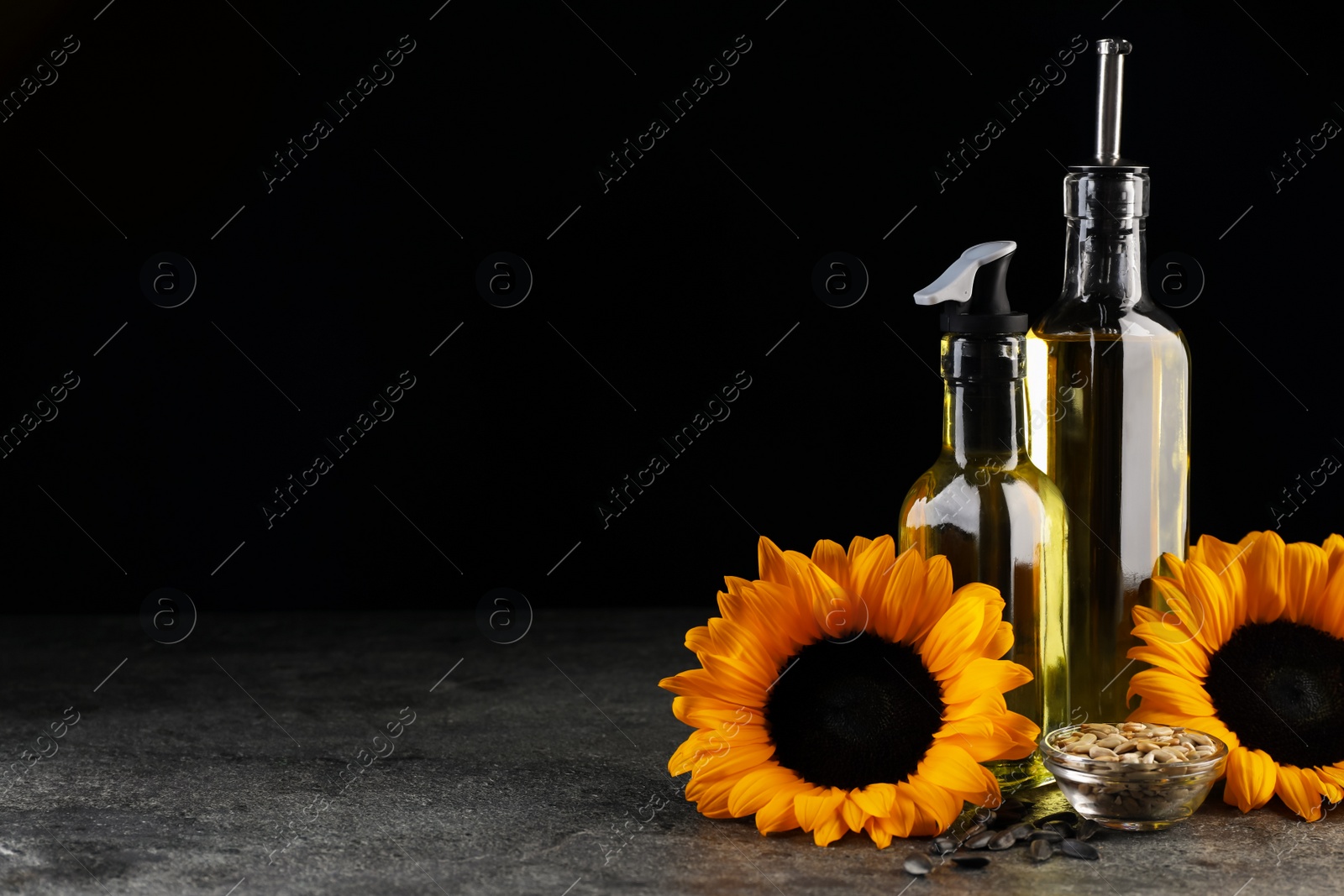 Photo of Sunflower cooking oil, seeds and beautiful flowers on grey table against black background. Space for text