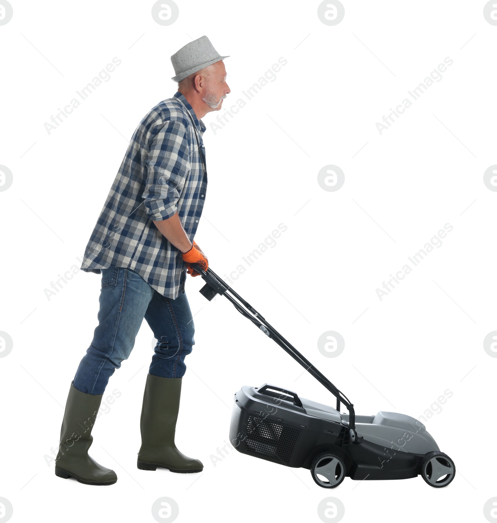 Photo of Senior man with modern lawn mower on white background