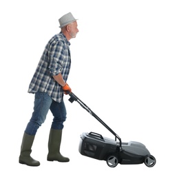 Photo of Senior man with modern lawn mower on white background