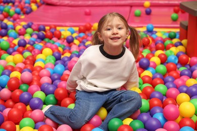 Photo of Happy little girl sitting on colorful balls in ball pit