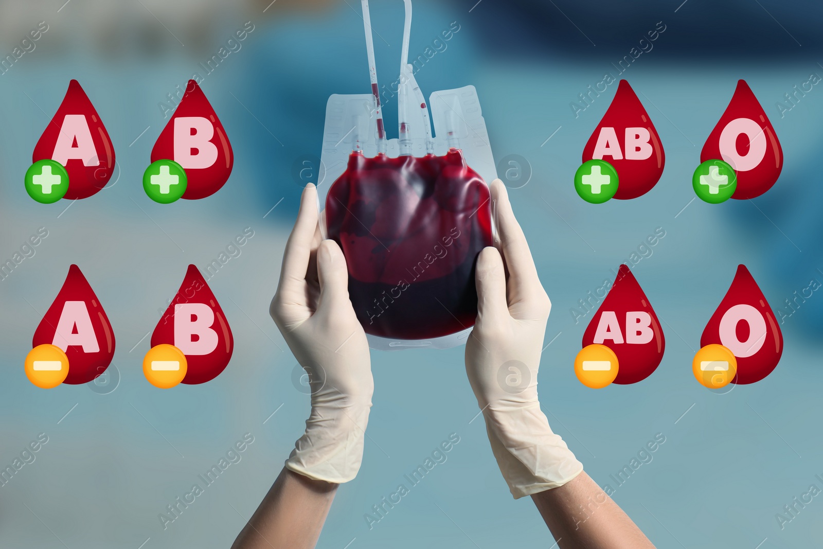 Image of Images of drops representing different blood types and doctor with blood for transfusion on blurred background, closeup