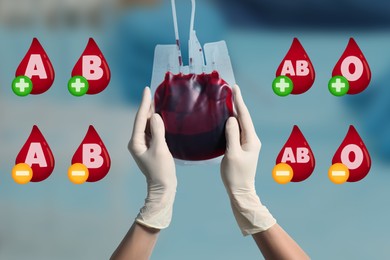 Images of drops representing different blood types and doctor with blood for transfusion on blurred background, closeup