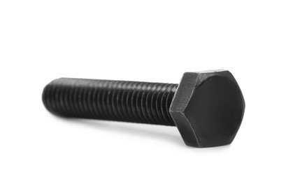 Photo of One black metal hex bolt isolated on white