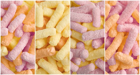 Image of Collage with tasty corn puffs in different colors, top view