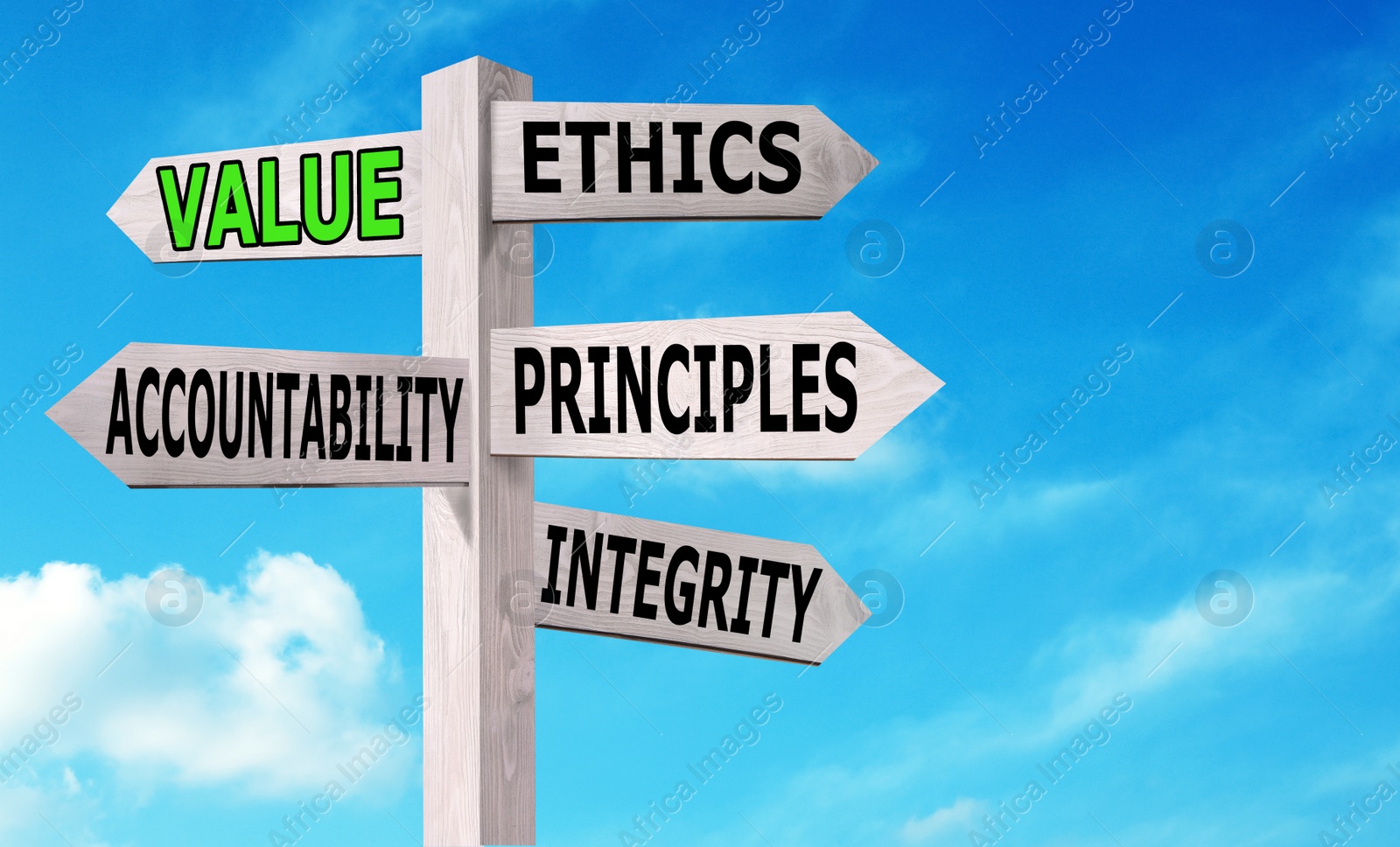 Image of Moral values concept. Wooden signpost with arrows pointing different directions against blue sky