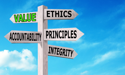 Image of Moral values concept. Wooden signpost with arrows pointing different directions against blue sky