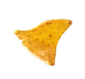 Photo of Tasty Mexican nacho chip on white background