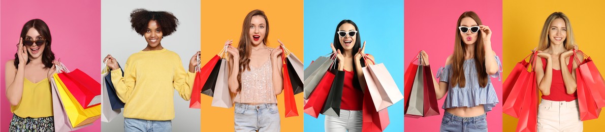 Image of Happy women with shopping bags on different color backgrounds, collage design