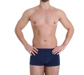 Young man on white background, closeup. Weight loss