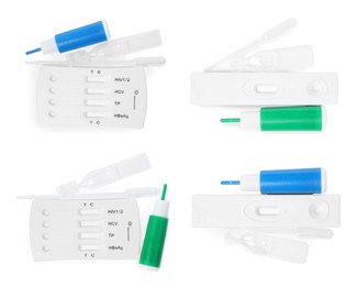 Image of Set with disposable express test kits for hepatitis on white background, top view