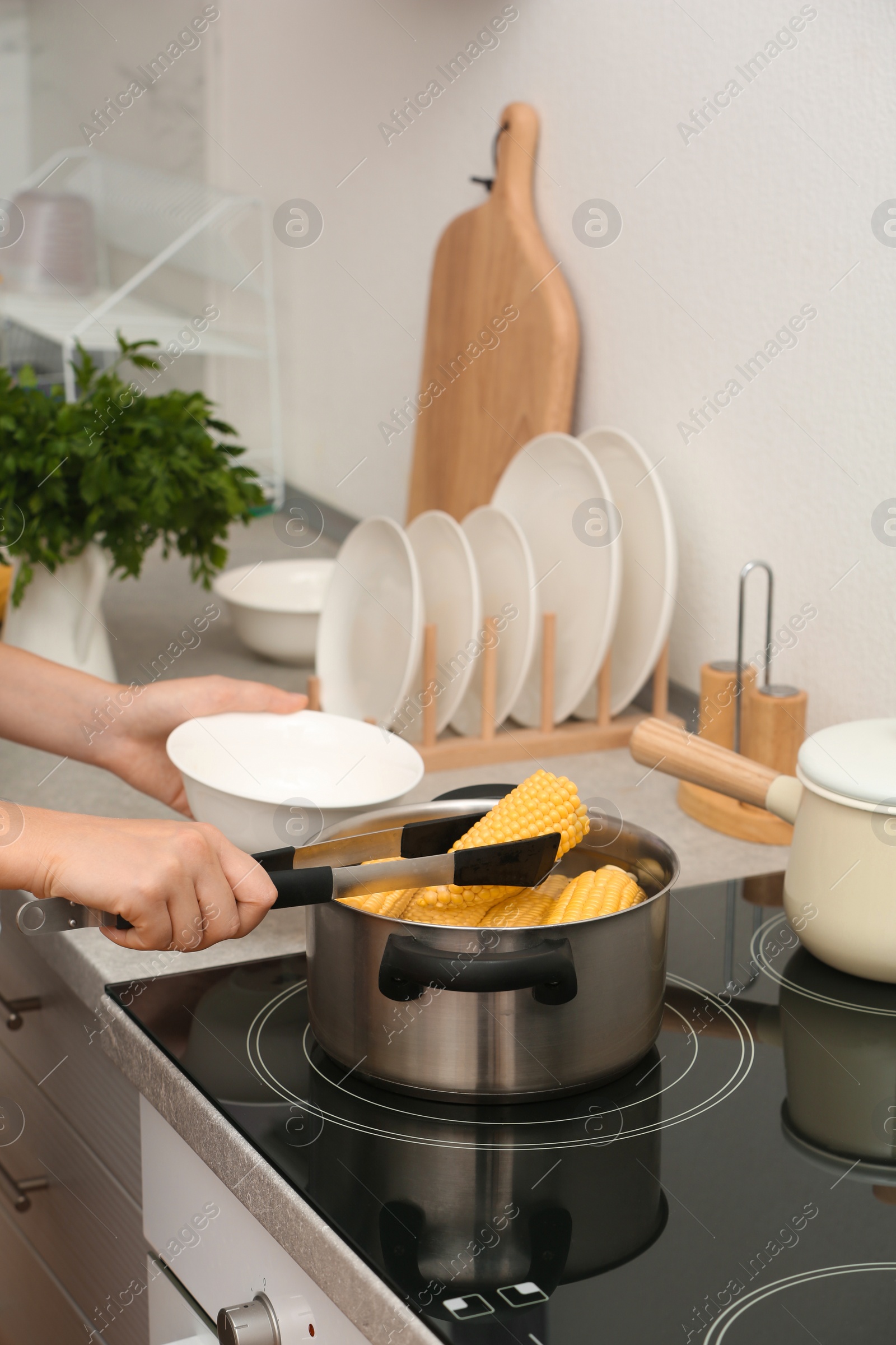 Photo of Woman preparing corn in stewpot on stove, closeup