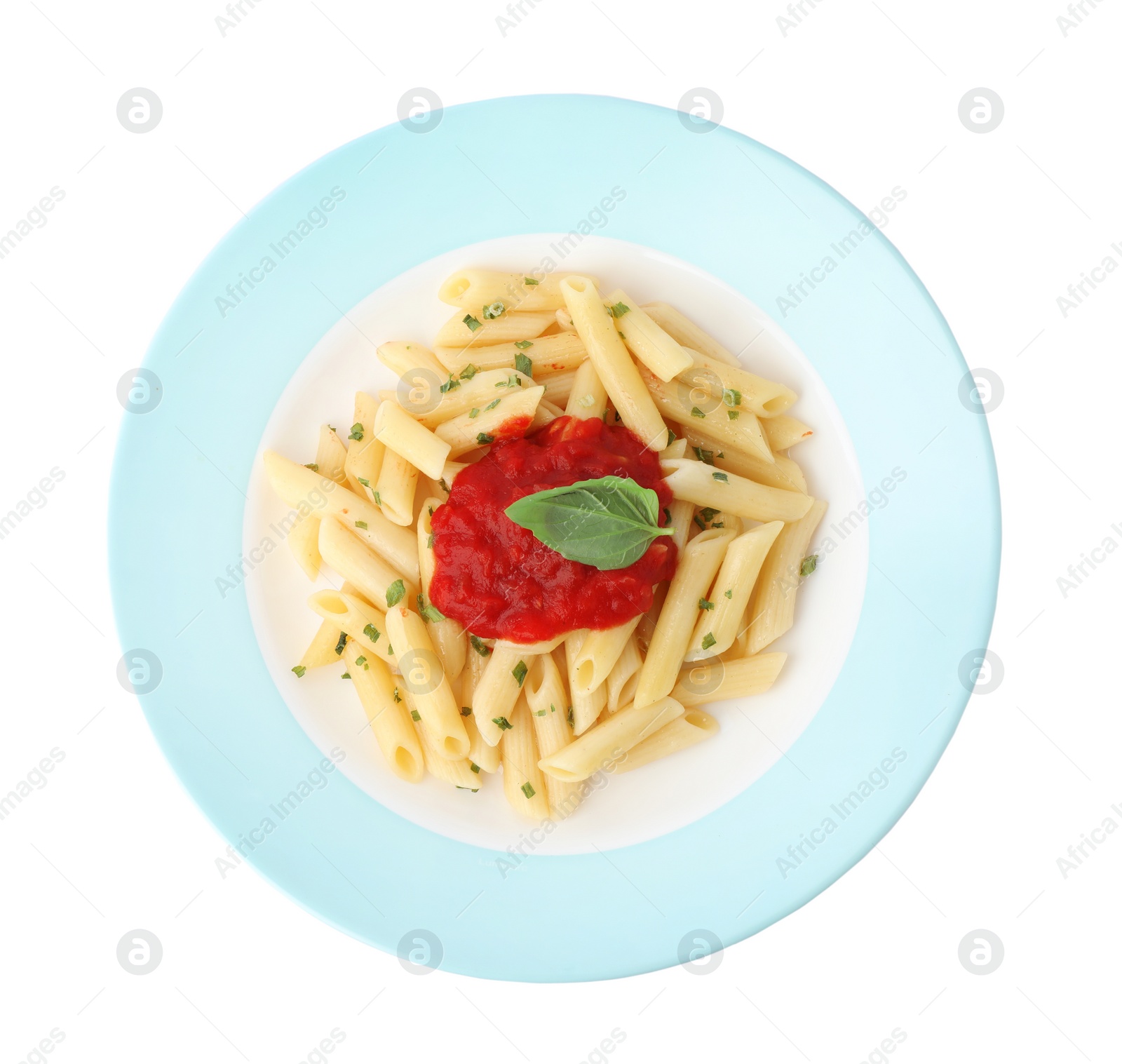 Photo of Tasty pasta with tomato sauce and basil isolated on white, top view