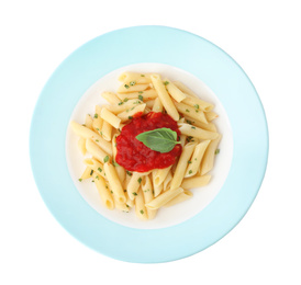 Tasty pasta with tomato sauce and basil isolated on white, top view