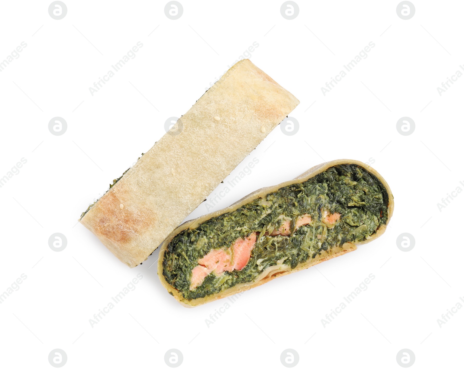 Photo of Pieces of delicious strudel with salmon and spinach isolated on white, top view