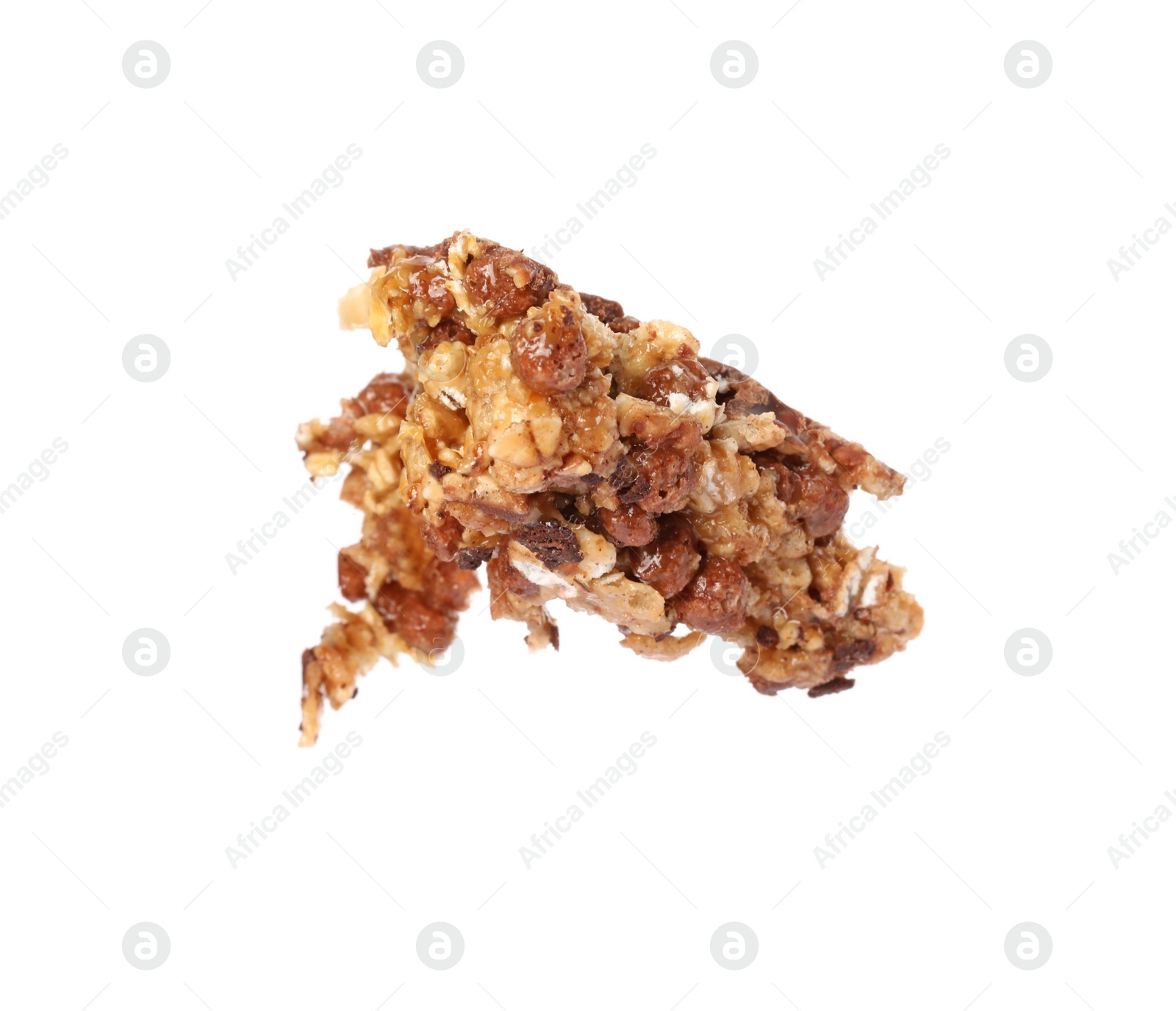 Photo of One piece of tasty granola bar isolated on white