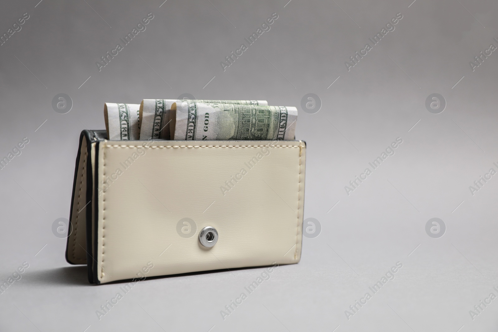 Photo of Stylish leather purse with dollar banknotes on light grey background. Space for text