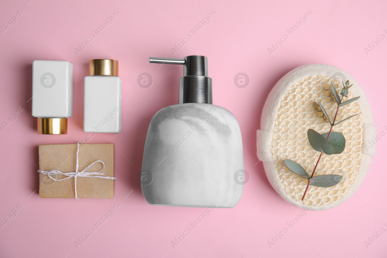 Photo of Flat lay composition with marble soap dispenser on pink background