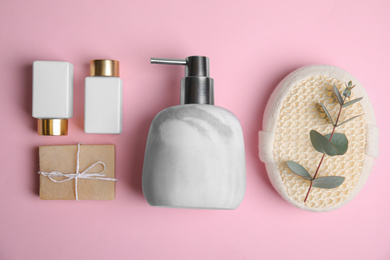 Photo of Flat lay composition with marble soap dispenser on pink background