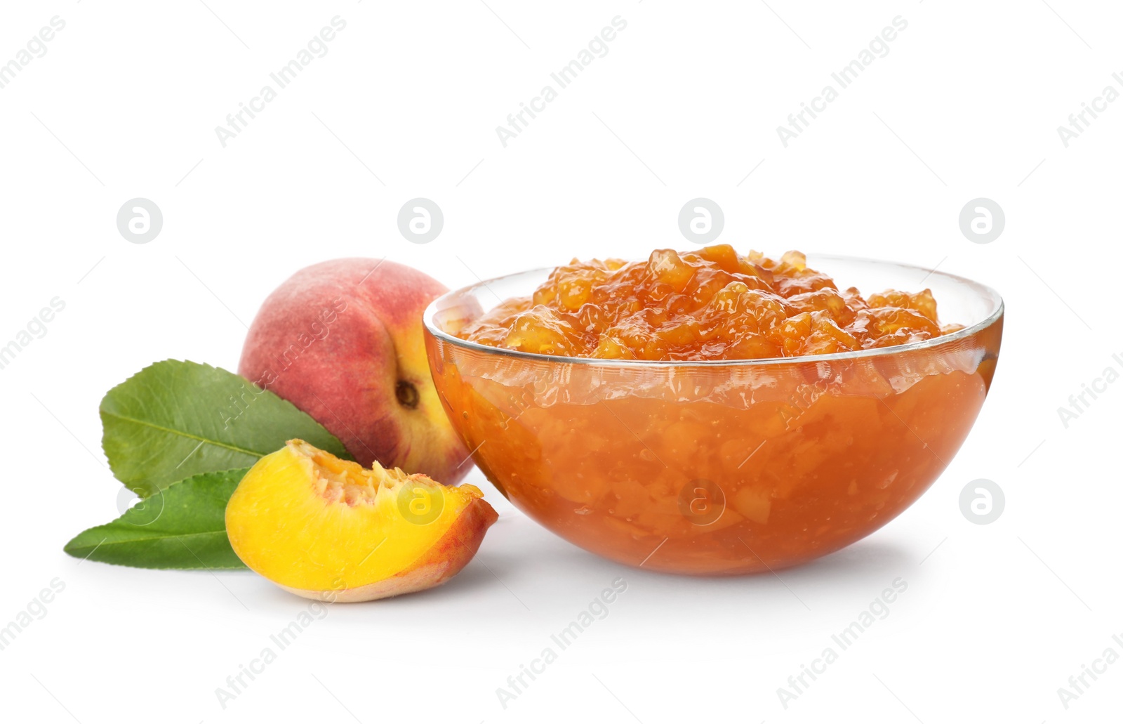 Photo of Bowl with peach jam and fresh fruit on white background