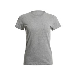 Photo of Stylish grey women's t-shirt isolated on white. Mockup for design