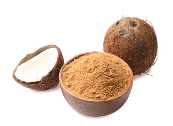 Photo of Coconut sugar in bowl and fruits isolated on white