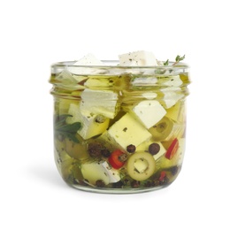 Open jar with feta cheese marinated in oil on white background. Pickled food