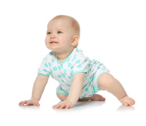 Photo of Cute little baby crawling on white background