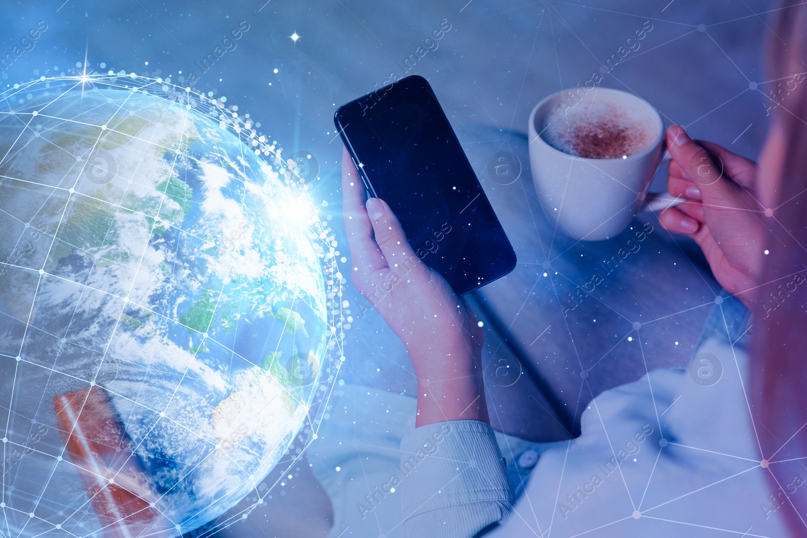 Image of Global network. Woman holding smartphone and cup of coffee, closeup. Digital image of Earth