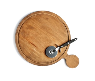 Photo of Pizza cutter with wooden board isolated on white, top view