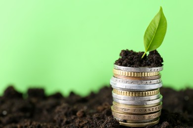 Stack of coins and green plant on soil against blurred background, space for text. Profit concept