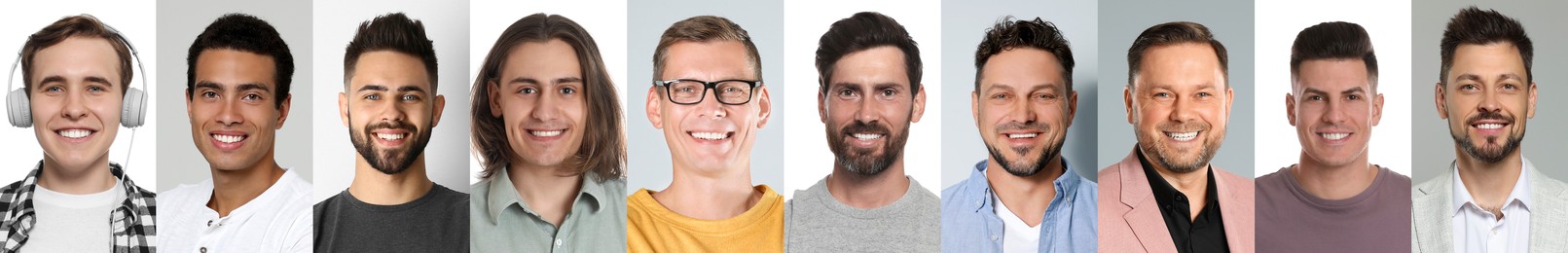 Image of Set with portraits of happy men on different color backgrounds