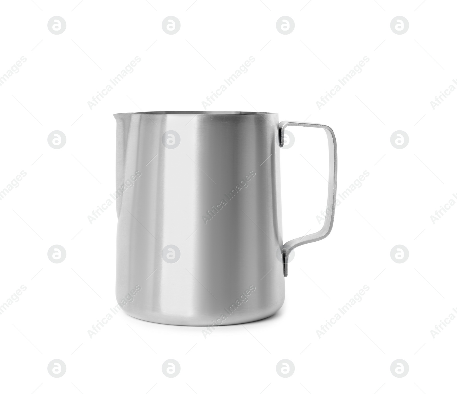 Photo of New metal jug isolated on white. Cooking utensils