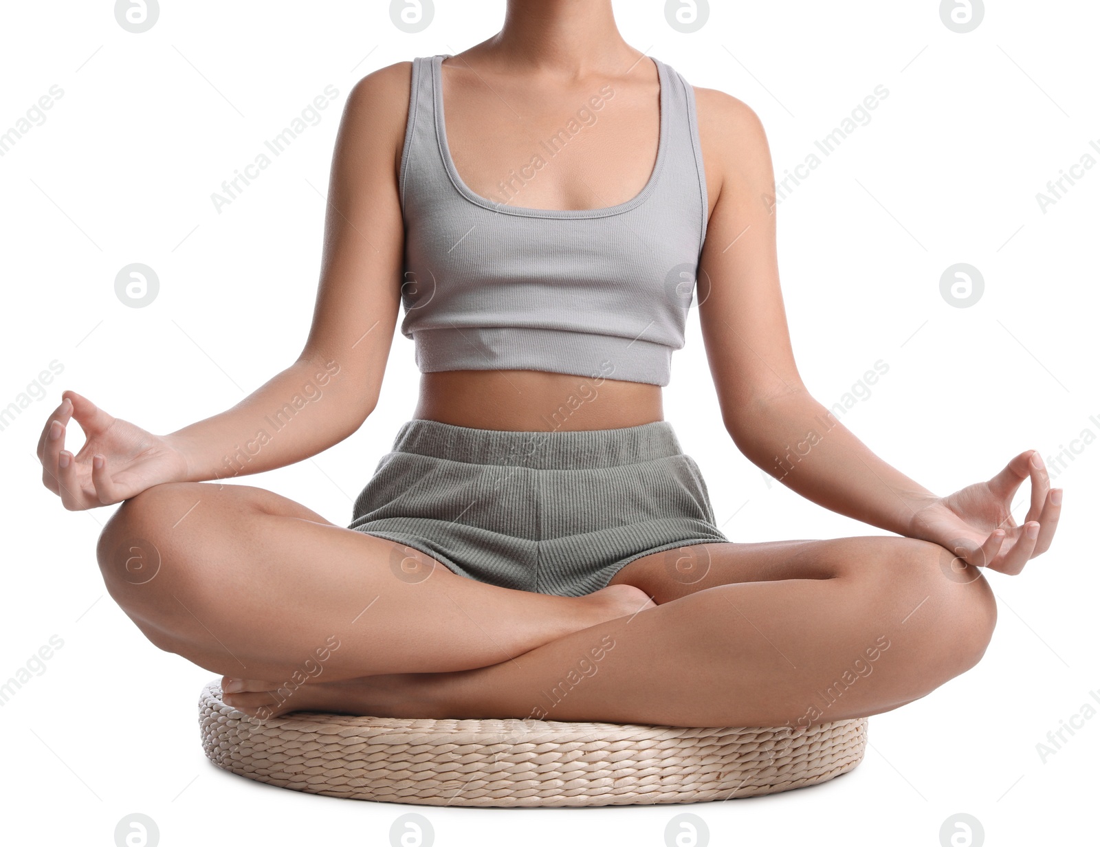 Photo of African-American woman meditating on white background, closeup