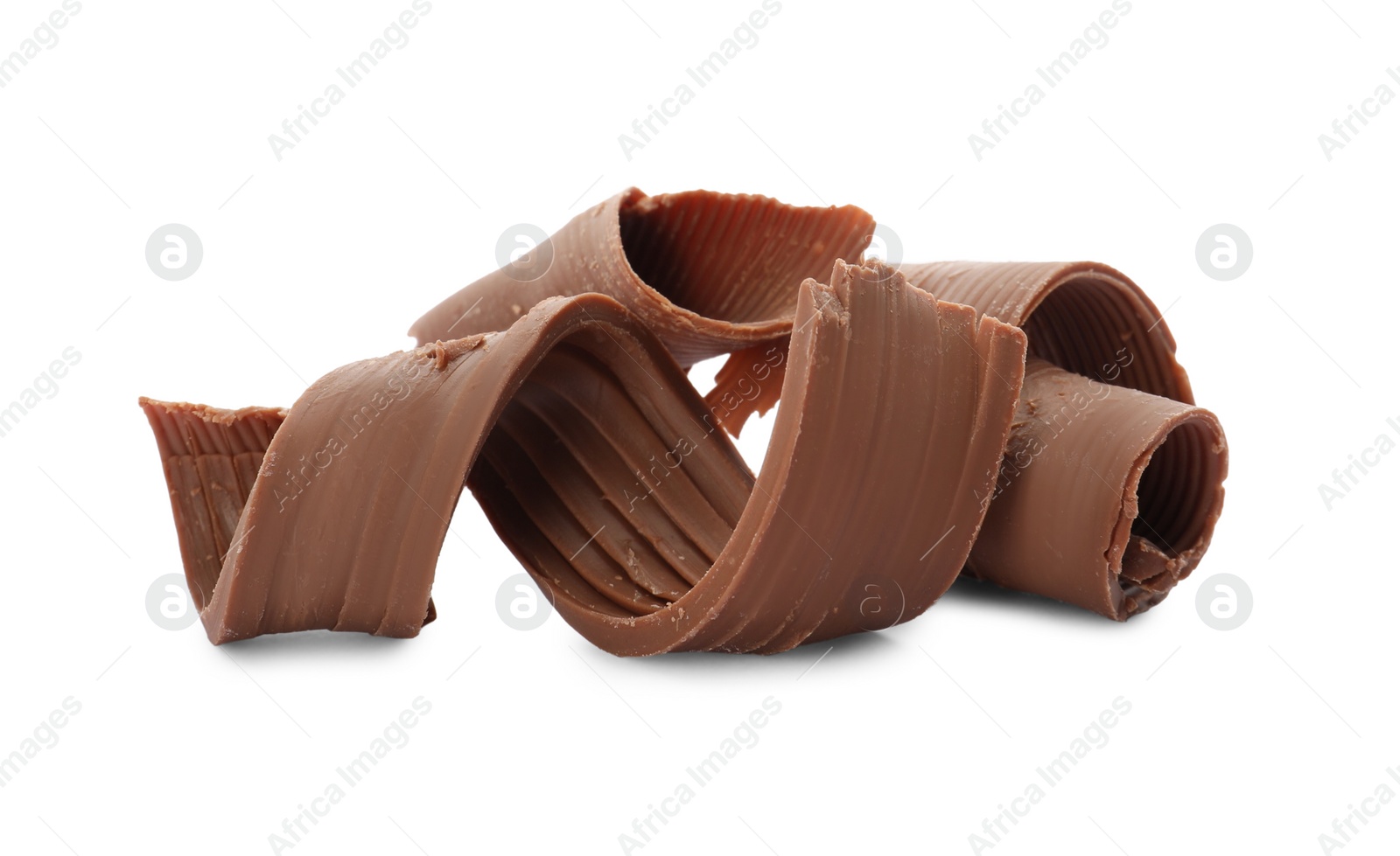 Photo of Yummy chocolate curls for decor on white background